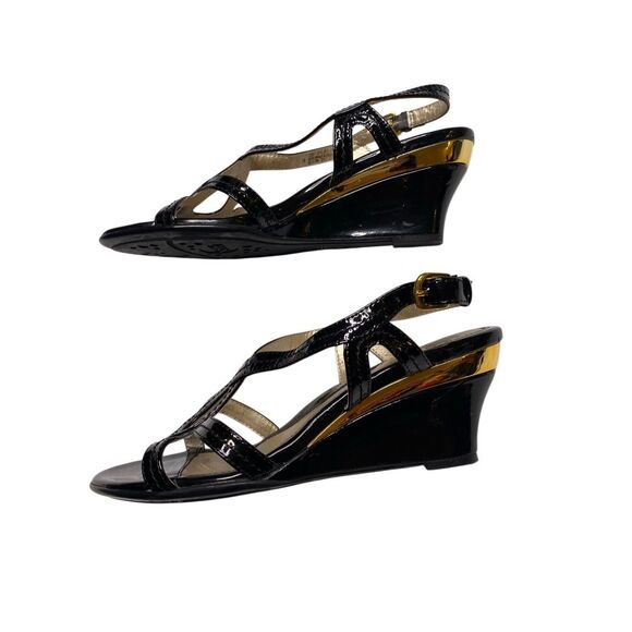 Sofft Womens 7M Black Leather Buckle Adjustable Strap Wedge Slingback Sandals - Picture 4 of 9